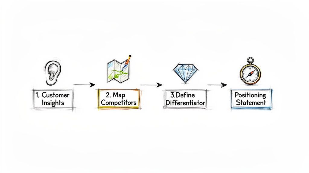 Diagram illustrating four steps to strategic positioning: customer insights, competitor mapping, defining differentiators, and positioning statement.