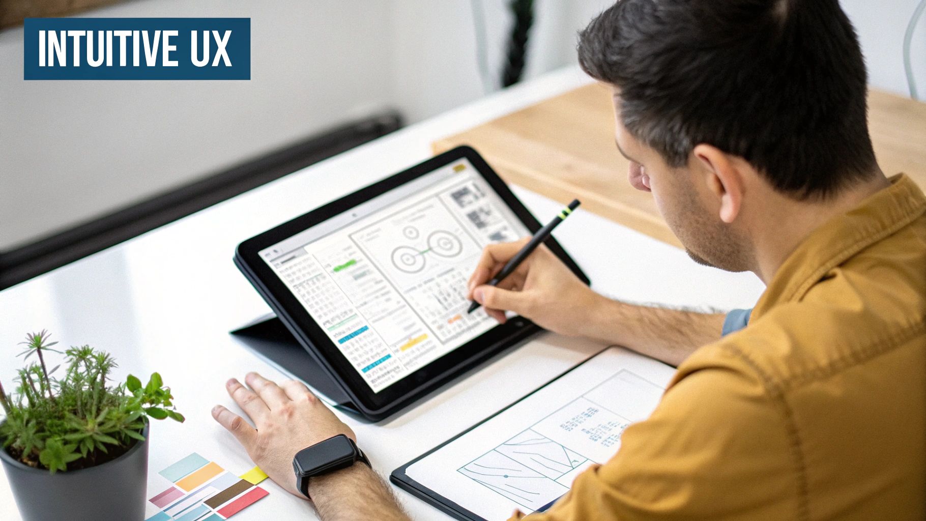 A mood board showing various user interface designs and wireframes for a software company website.