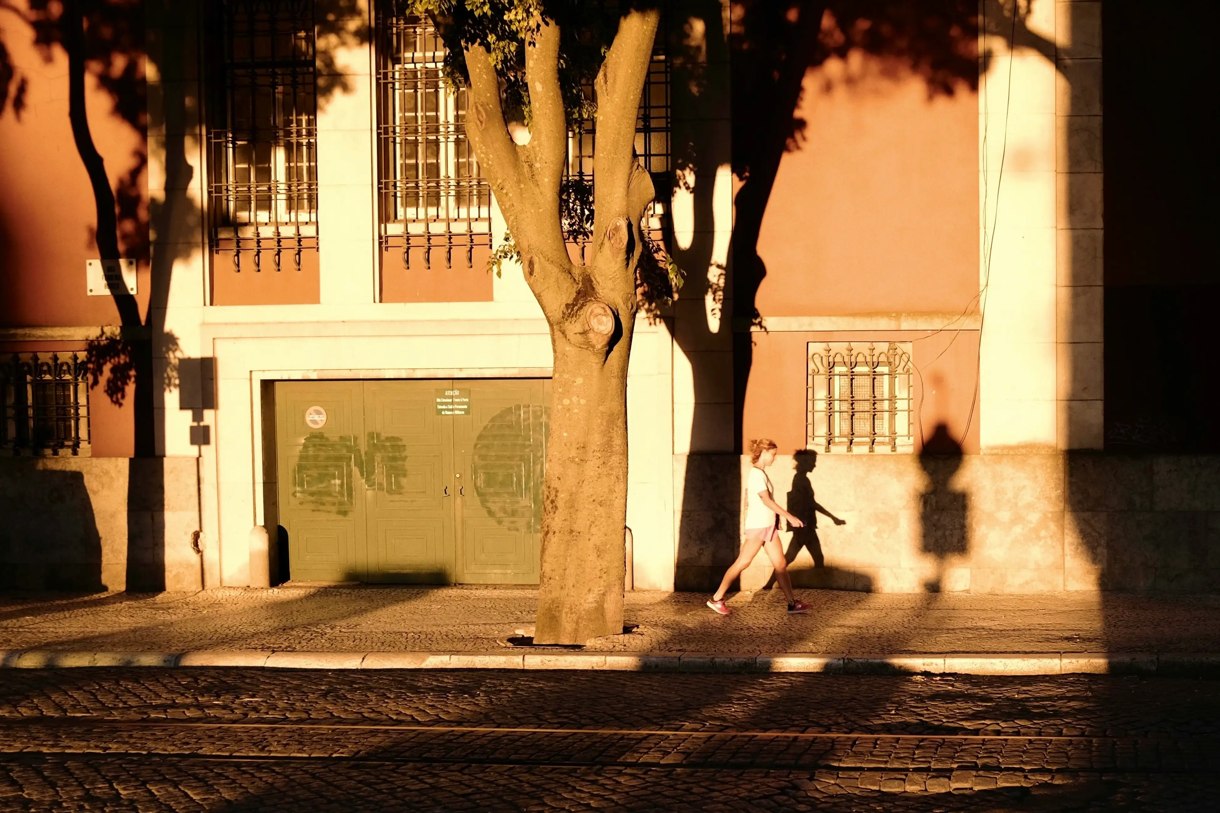 a person walking down a street next to a tree