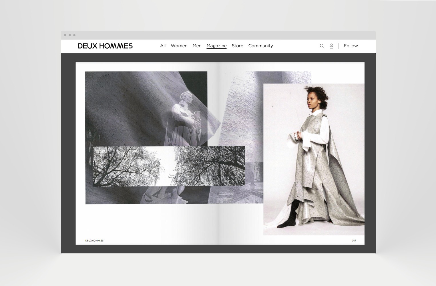 A stylish magazine layout featuring a model in a flowing gray outfit alongside artistic black-and-white imagery.
