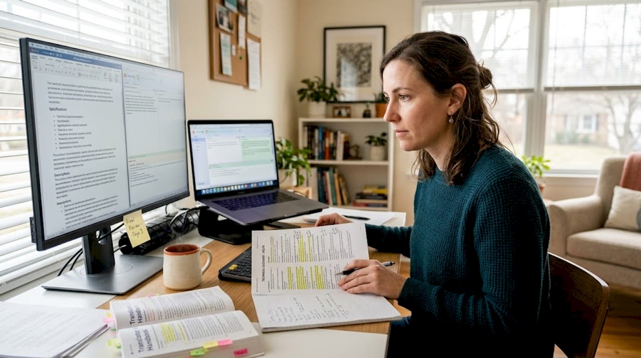 Translator setting up in home office workspace