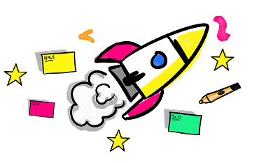 llustration of a rocket launching surrounded by colorful sticky notes and stars, symbolizing creative problem-solving and fast results in facilitation workshops