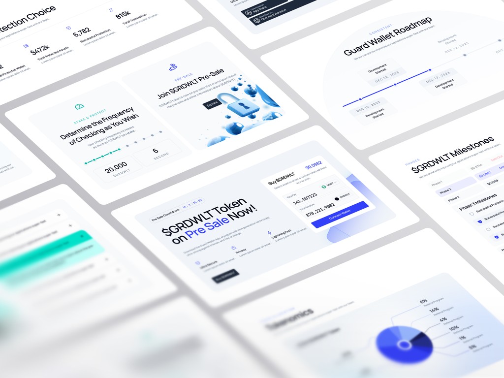 Overview dashboard displaying Guard Wallet metrics, milestones, roadmap, and token purchase process in visual card layout