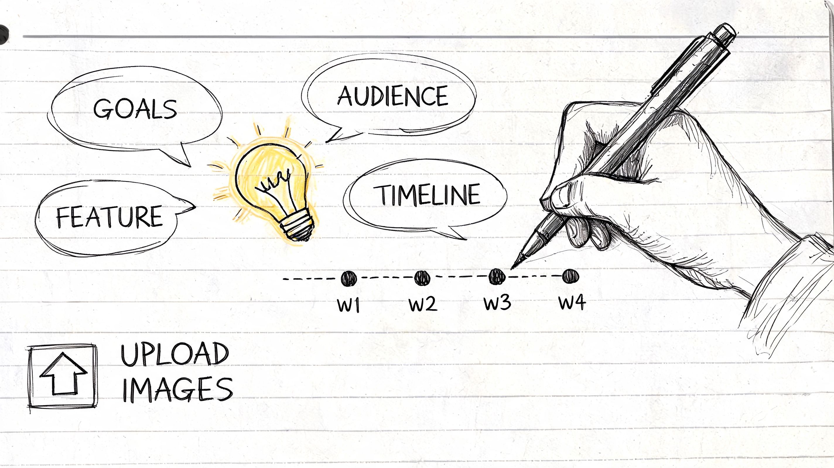 Hand drawn illustration featuring business planning icons including goals, audience, features, timeline, and an upload images button.