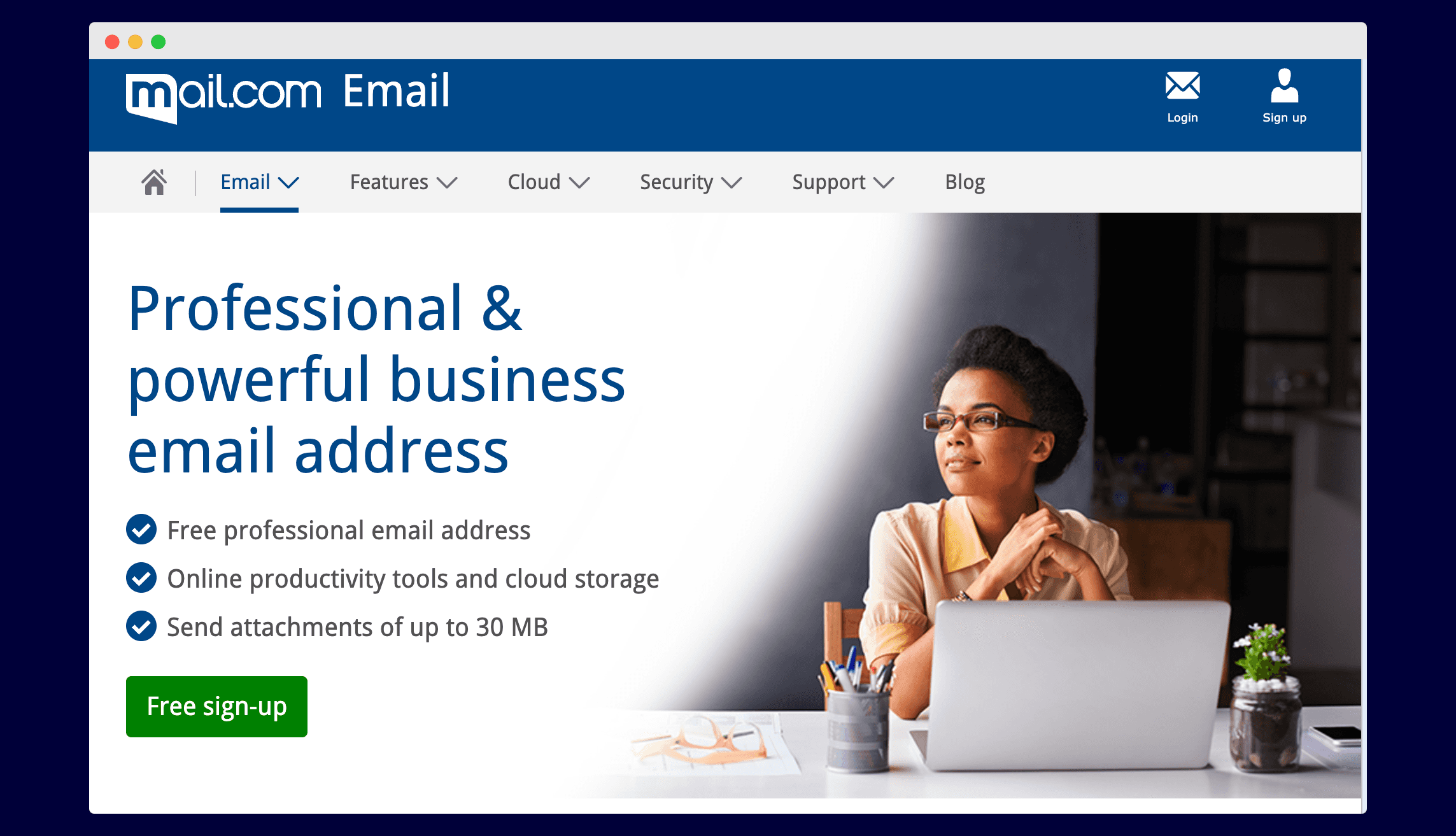 a screenshot of mail.com free professional email sign up landing page