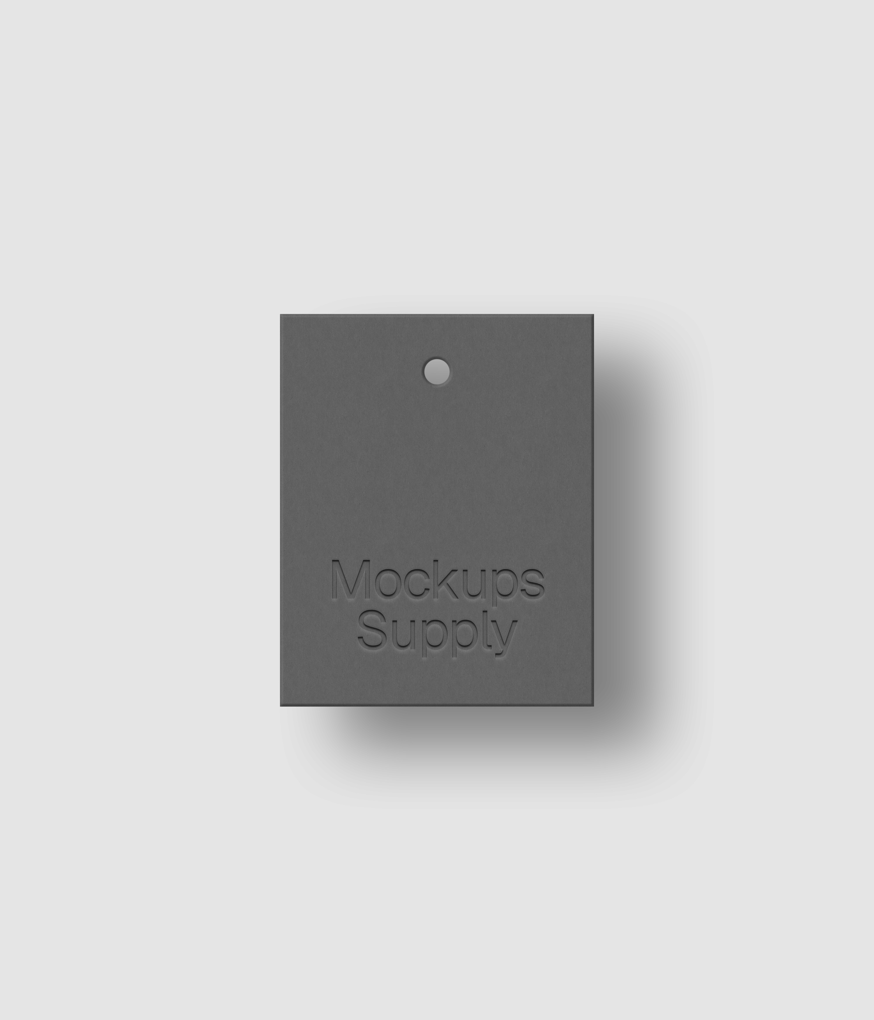 Gray 4x5 hang tag mockup on white background with shadow and realistic debossed logo effect for Photoshop download psd