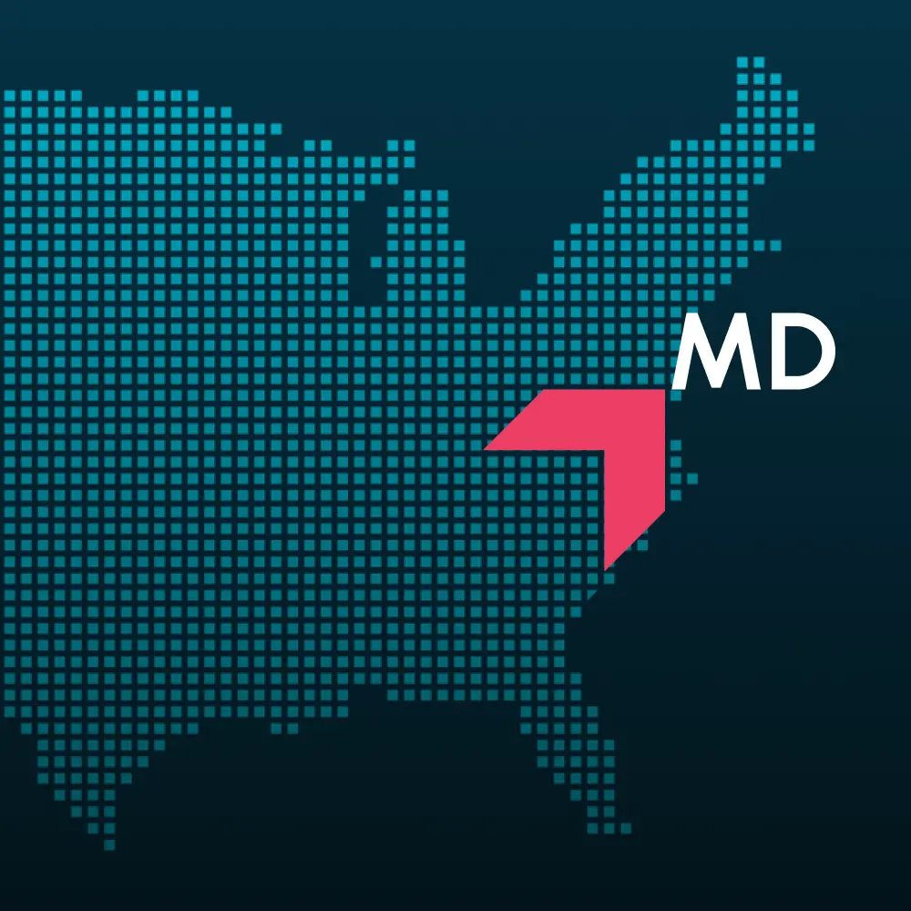 Map highlighting Maryland with a red arrow, representing GIA Group, LLC truck insurance coverage area.