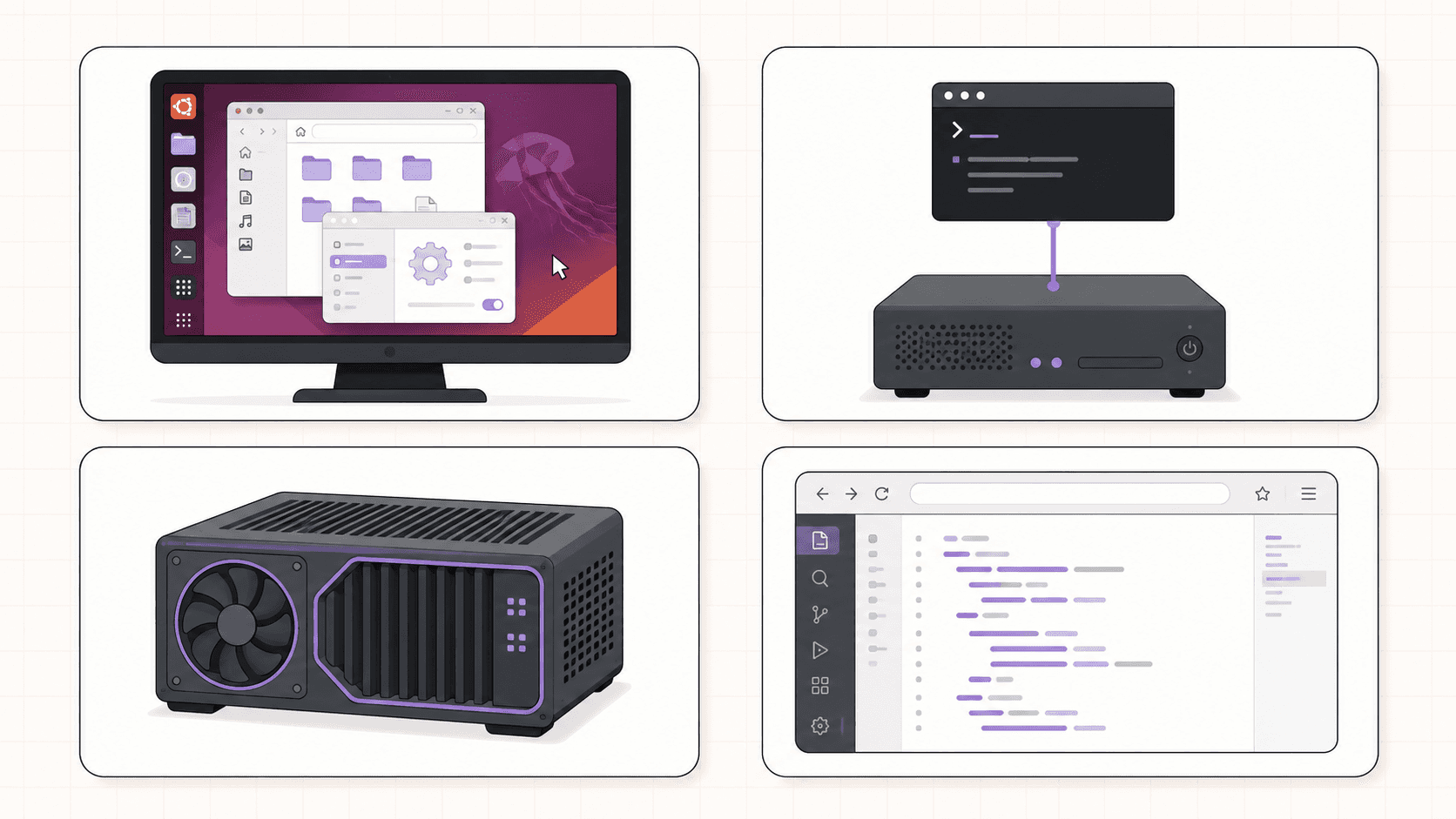 Four cloud computing options: graphical desktop, terminal server, GPU workstation, and browser-based code editor.