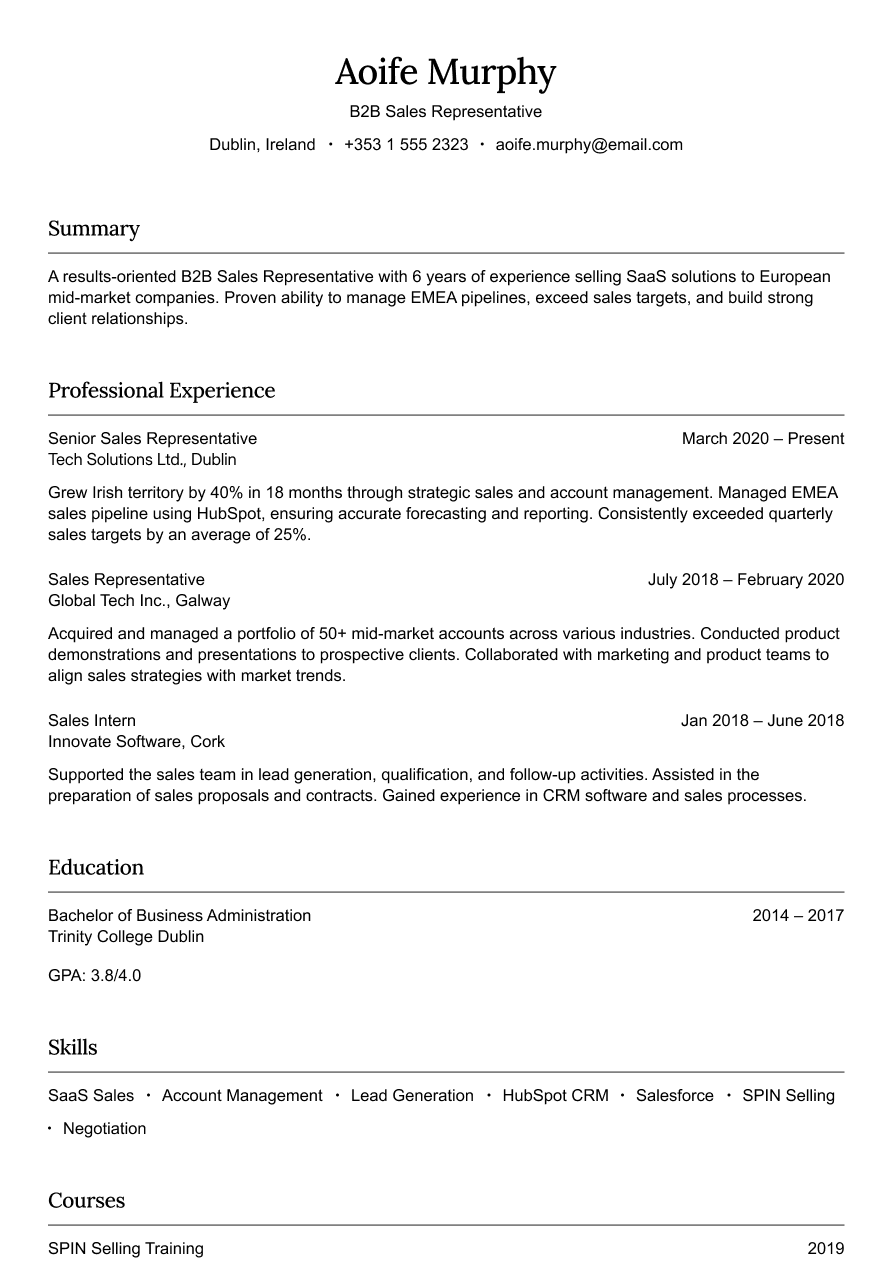B2B sales representative resume example