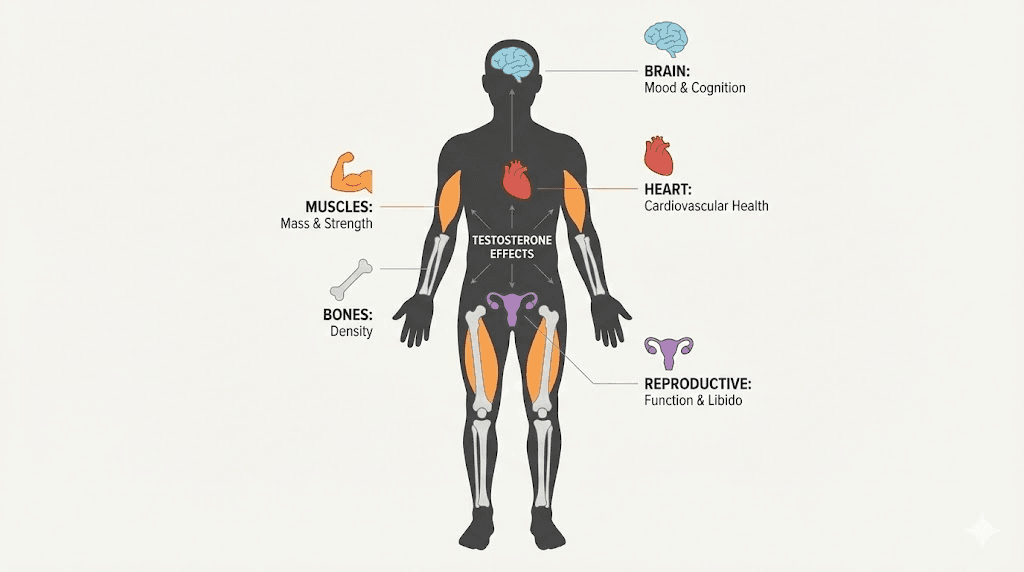Testosterone effects on body systems including muscle, bone, brain, and metabolism