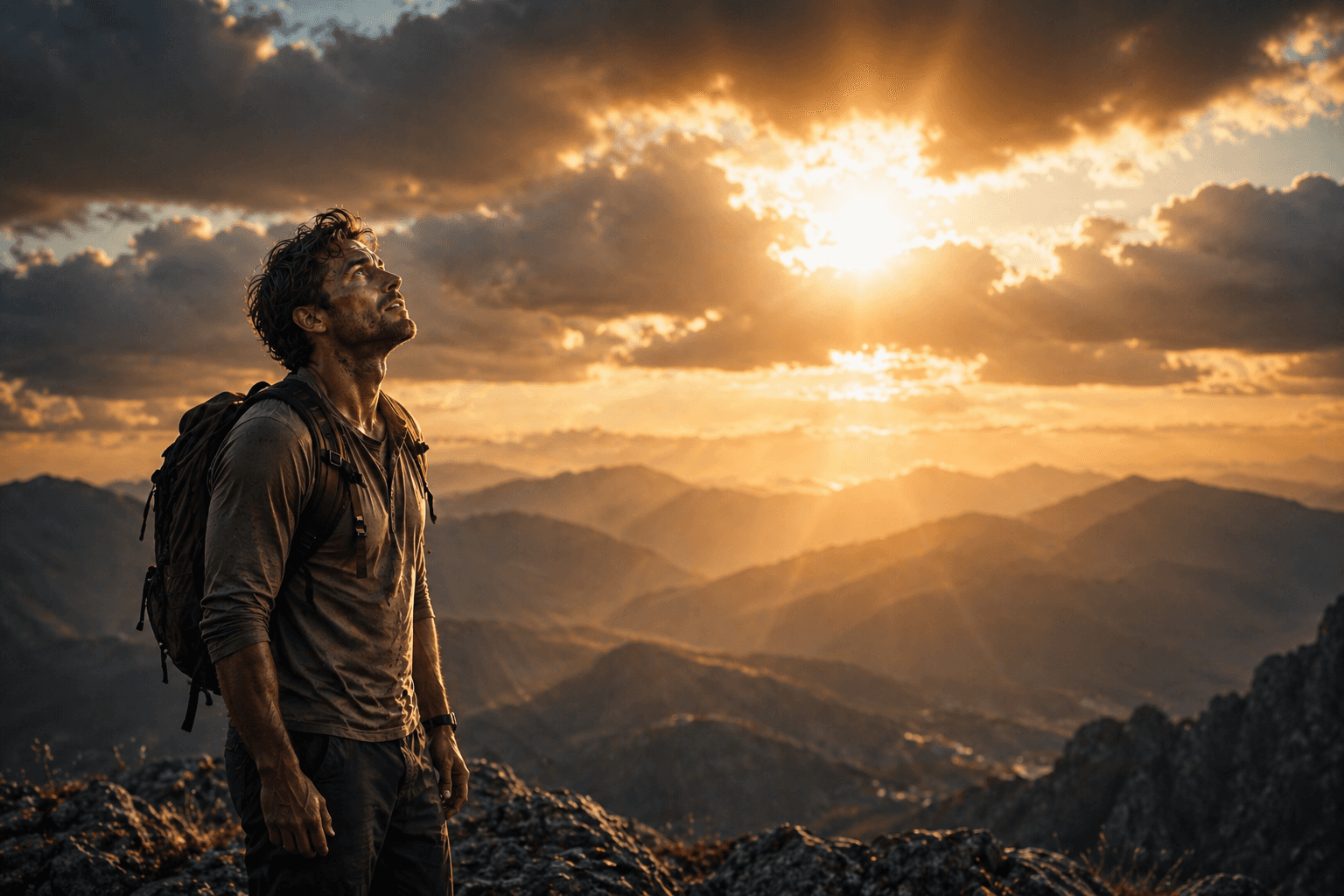 Man standing on mountain at sunrise representing strength through God in difficult times
