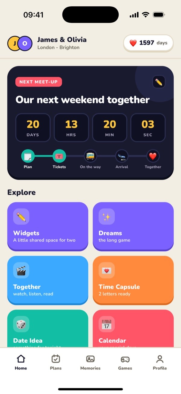 OtherHalf home screen with a countdown to the next meet-up