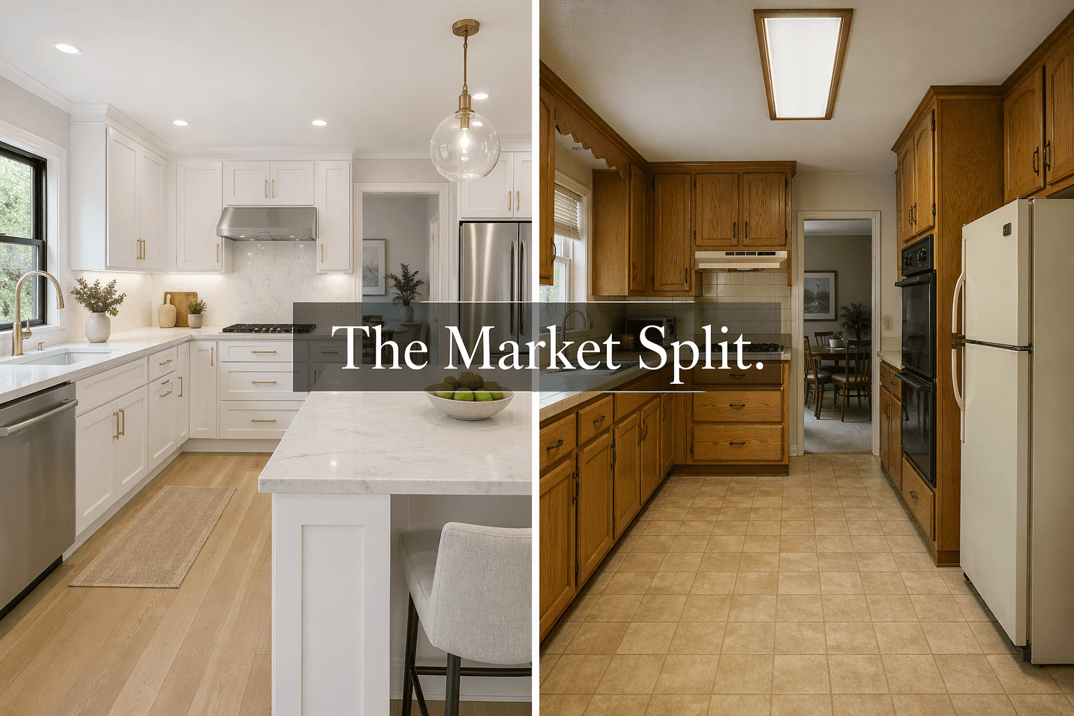 A side-by-side comparison of a turnkey Danville kitchen and a dated kitchen illustrating the April 2026 real estate market split.