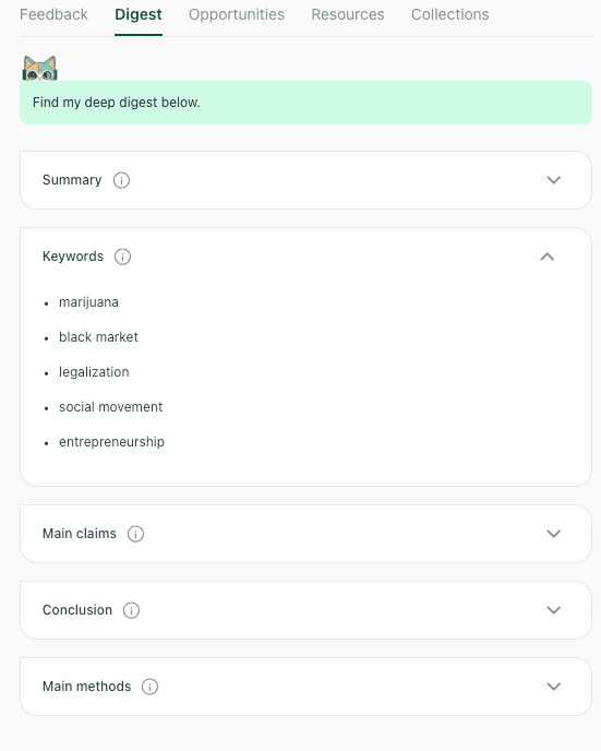 List of keywords extracted from a research paper including "marijuana," "black market," and "social movement" for submission metadata.