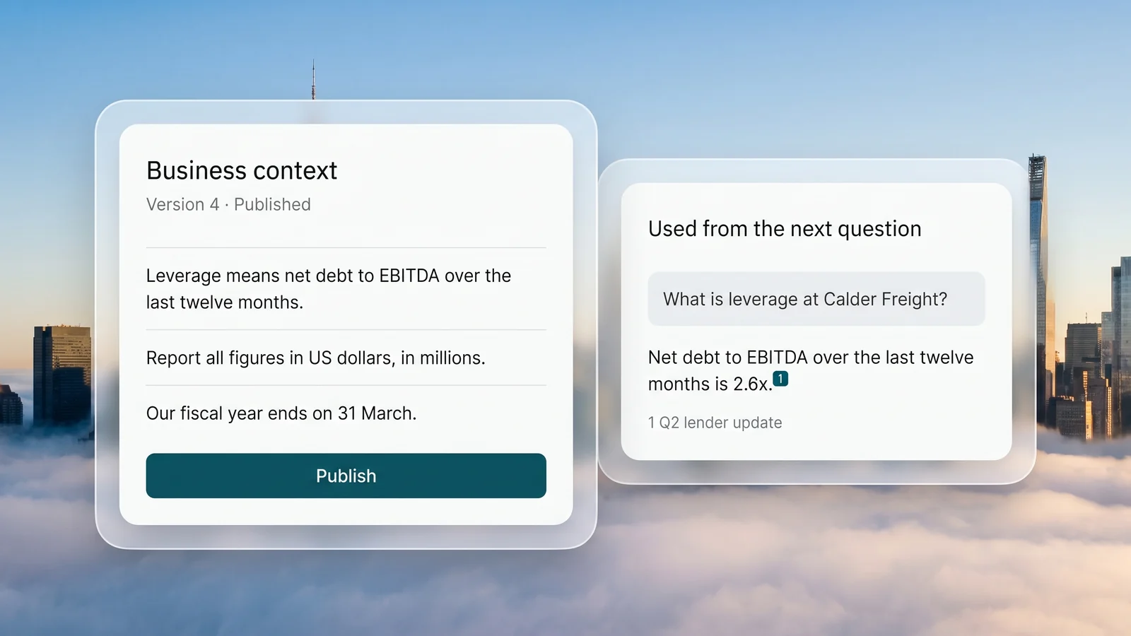 The business context a team keeps in Needl.ai, three plain-English conventions on how leverage, currency and the fiscal year are defined, published as version 4, beside a question answered using them