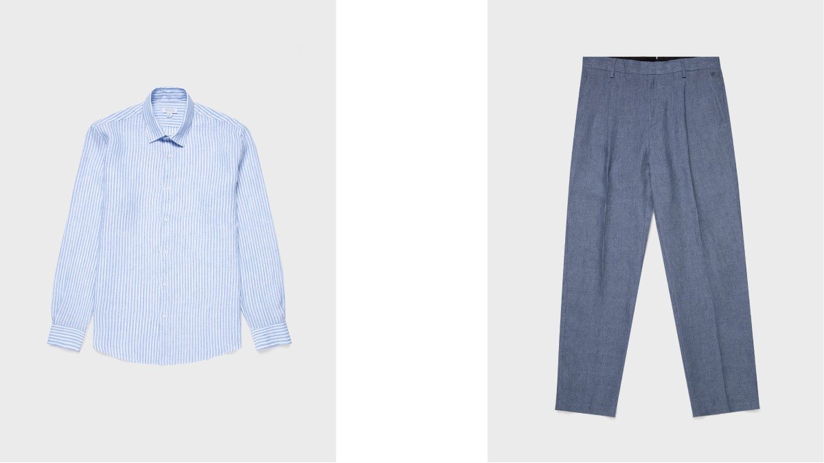  Chemise rayée et pantalon à pinces en lin français, Sunspel 