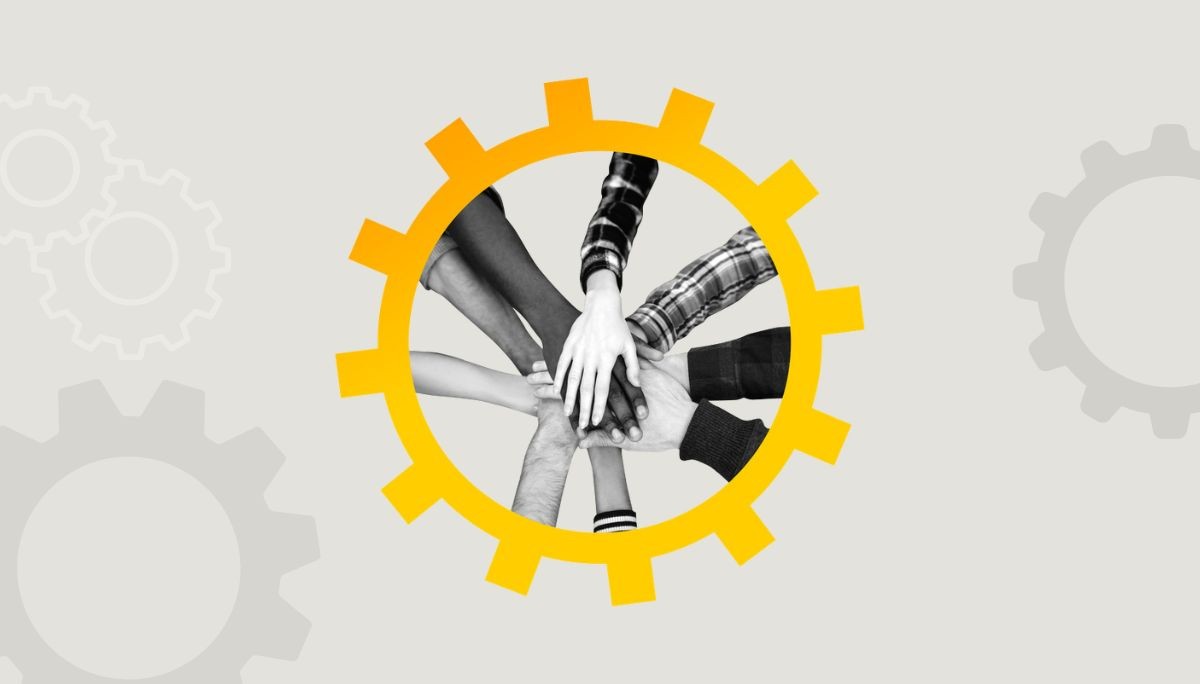 Illustration of teamwork hands within gear, symbolizing DevOps collaboration and engineering best practices.