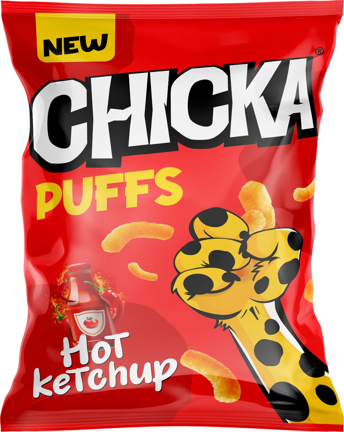 The old Chicka Puffs Hot Ketchup pack, with numbered points on its logo, line name, flavour name and character