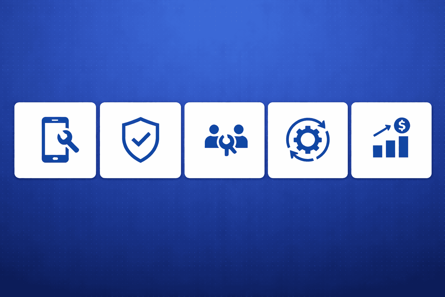 Infographic showing 5 feature icons representing mobile workflow, compliance and safety, contractor management, preventive maintenance, and budget control in facilities management software