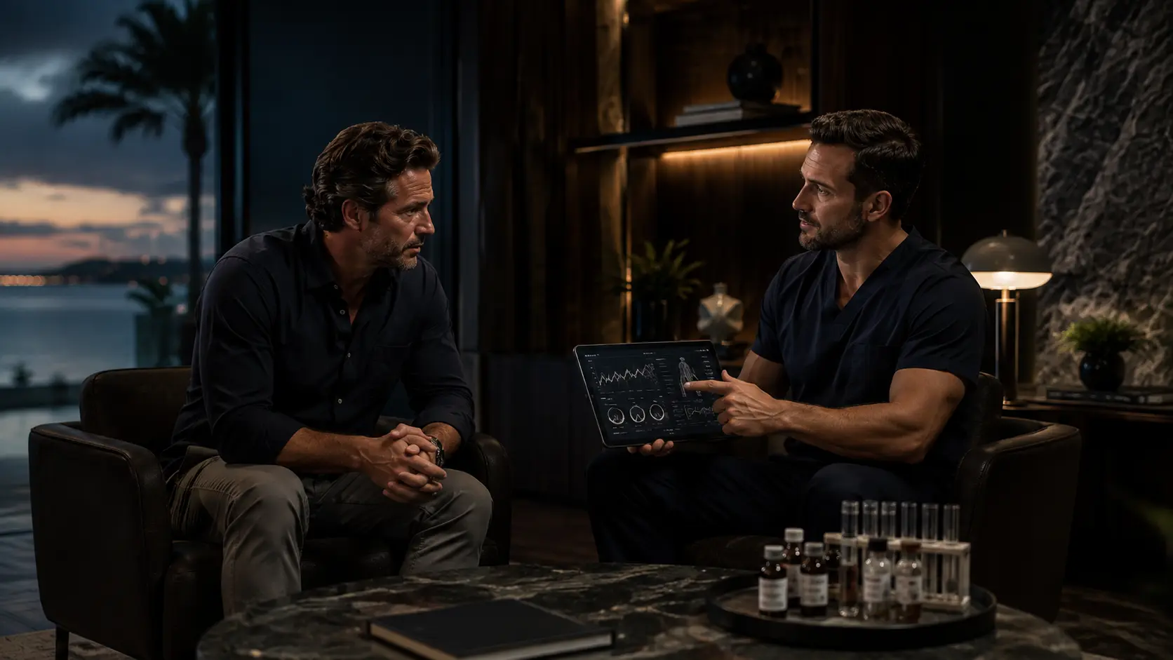 Two men in consultation with a laptop and vials on the table