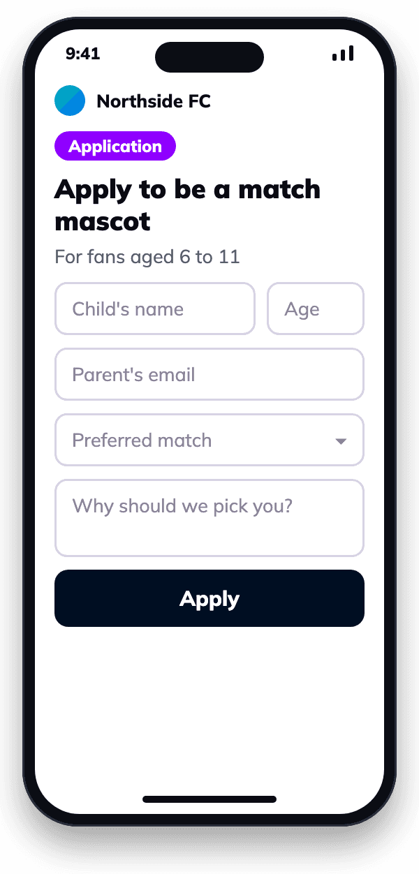 Application form on a phone: apply to be a match mascot