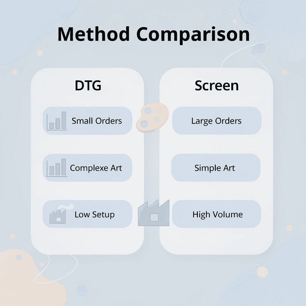 Comparison table between DTG and screen printing methods - Digital Print Shirt vs Screen Print