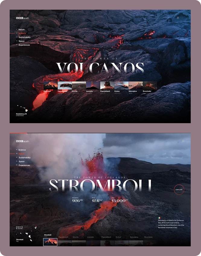 Split-screen volcano website: glowing lava winds through dark rock above; erupting Stromboli below, with navigation and dramatic titles conveying power.