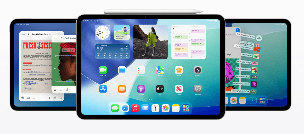 Three iPads showcasing Apple’s updated iPadOS interface with Liquid Glass-inspired UI elements including translucent widgets, redesigned app icons, and multitasking views for productivity and creative tools.
