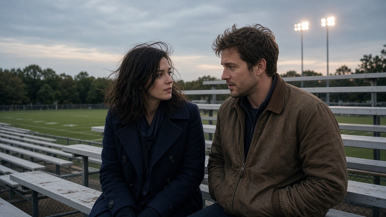 Image depicts a man and woman seated on metal bleachers beside a sports field, engaged in an intense or serious conversation. The setting appears to be late afternoon or early evening with stadium lights turned on. Both individuals are dressed in casual, warm clothing suitable for cool weather. The background includes a green sports field, trees, and a cloudy sky. This image could be used to illustrate themes of communication, relationships, outdoor settings, or sports venue environments.