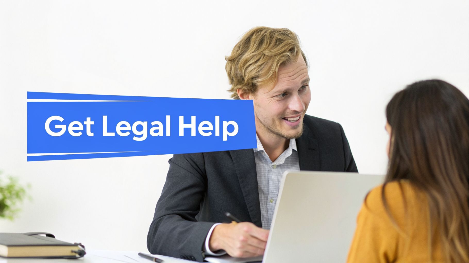 Smiling lawyer assisting a client during a legal consultation, with a 'Get Legal Help' sign.