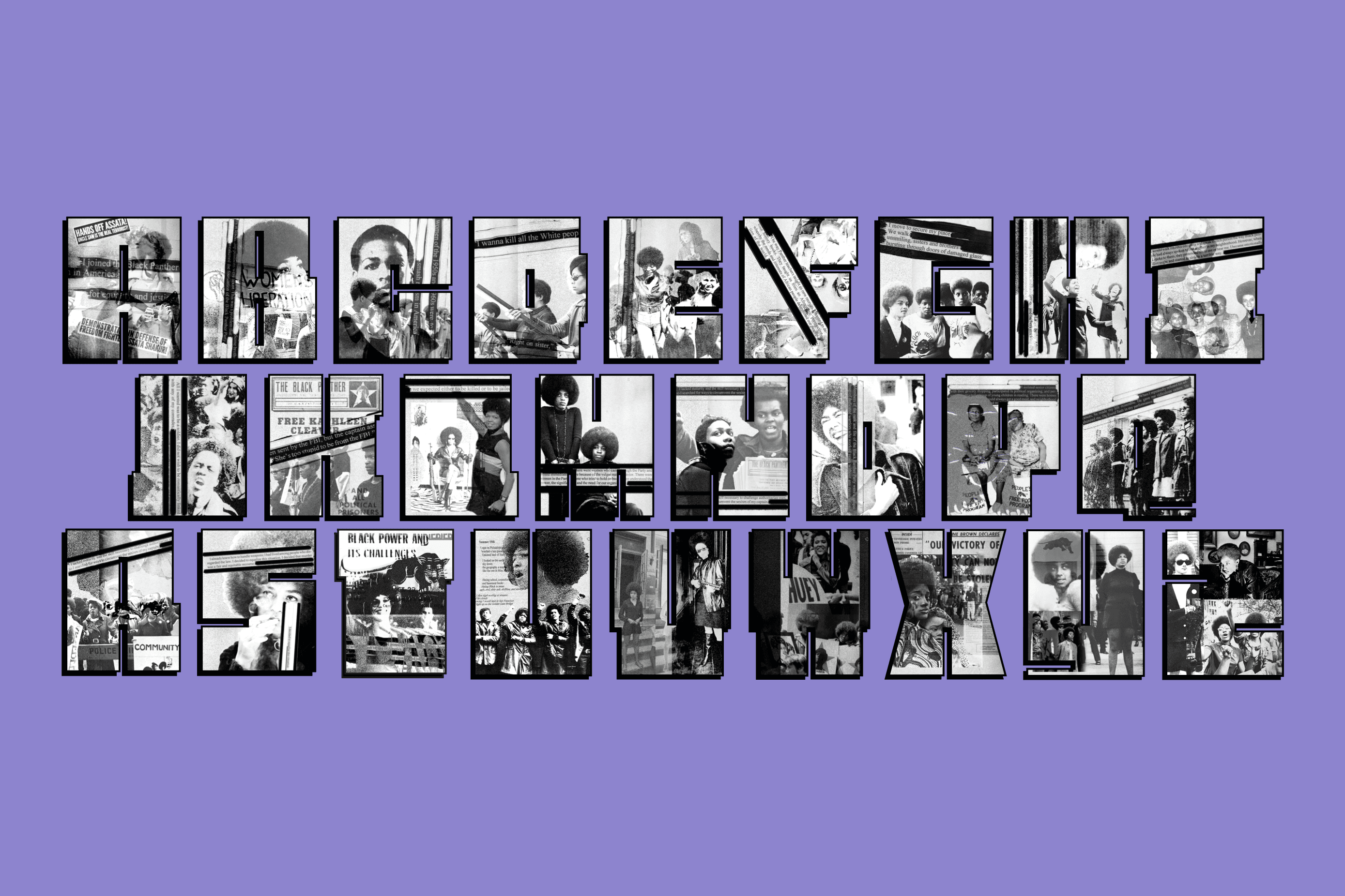 purple background with black and with block typeface with photography