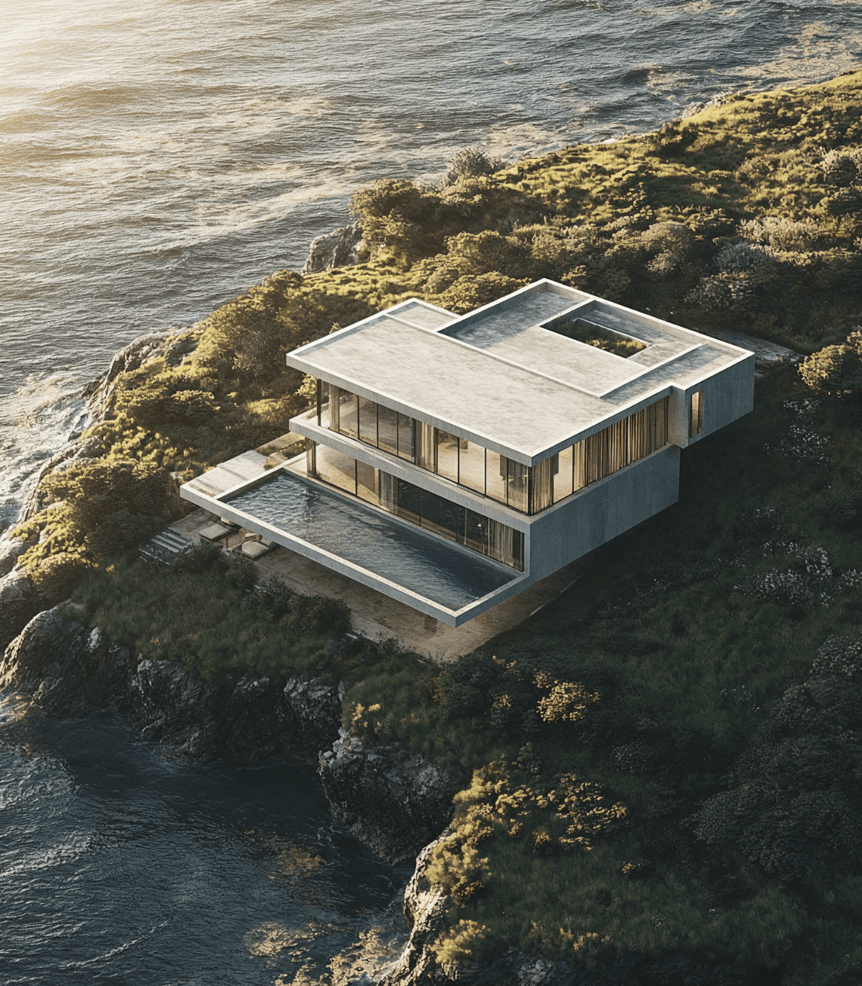 Modern coastal residence built into a rocky cliff above the ocean