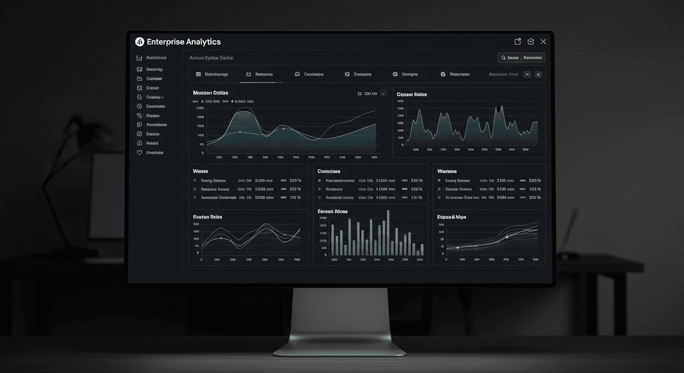 A computer monitor displays a dark-themed dashboard with multiple graphs and charts under the heading "Enterprise Analytics," showing data trends and metrics such as audience traffic, conversion rates, and financial analytics.