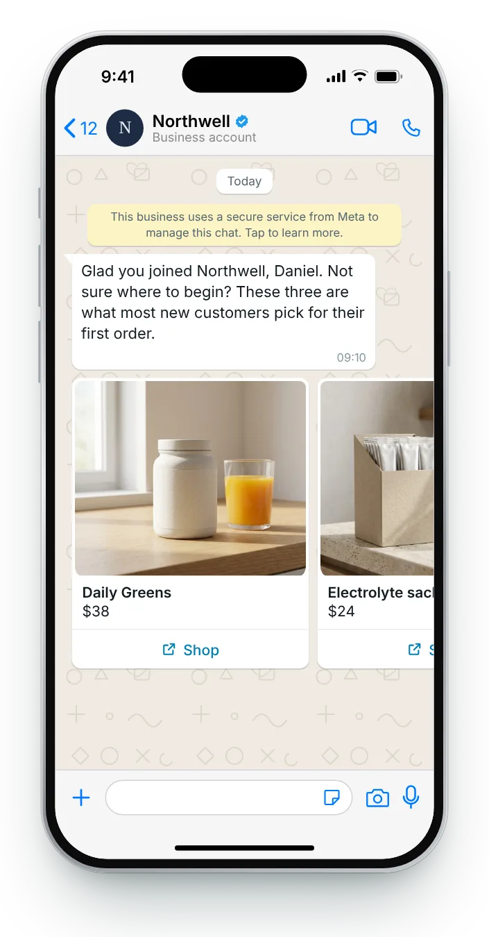 Where first-time customers usually start: WhatsApp greeting message on an iPhone