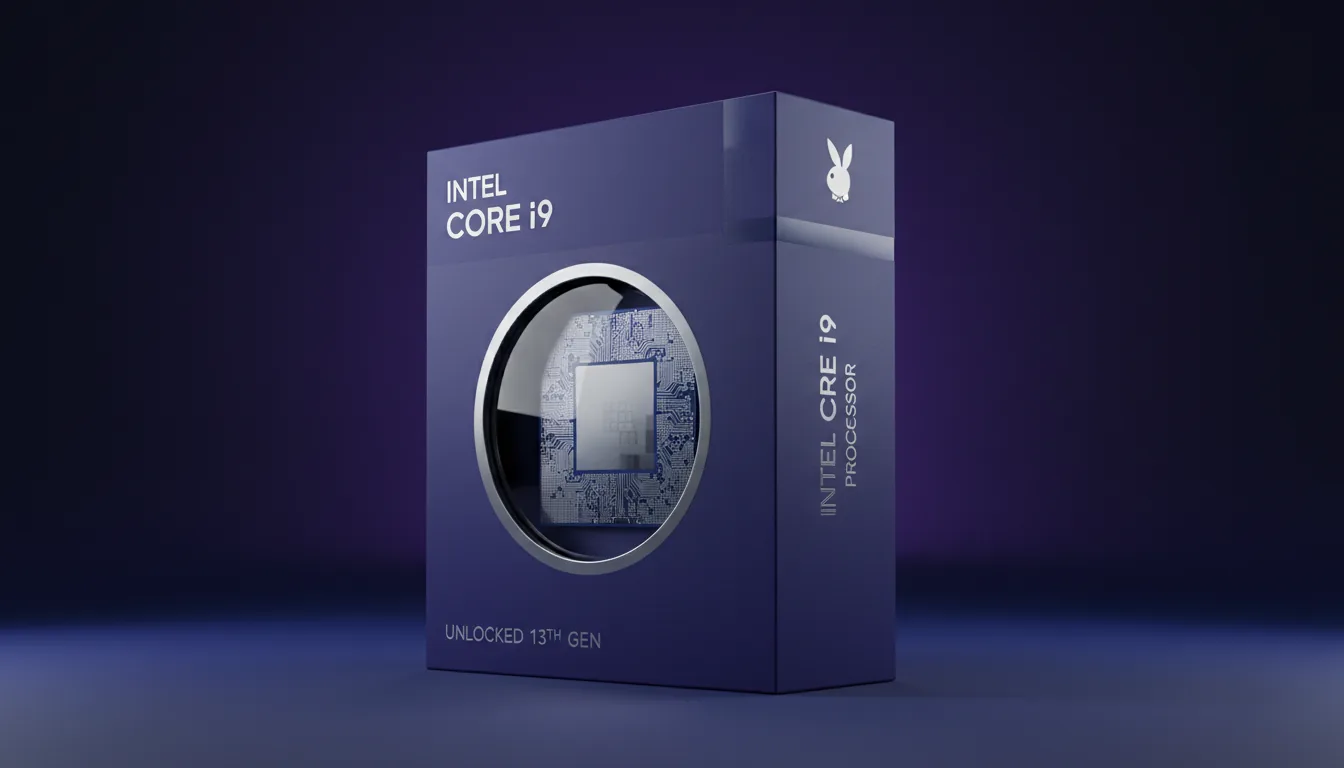 3D render of an Intel Core i9 processor retail box, high-end product shot. The deep blue box, made of a matte material, is angled to show its front and side. A cut-out window reveals a circular, polished metallic wafer. The scene is lit with soft global illumination against a dark, smooth studio backdrop with a blue-to-purple gradient.