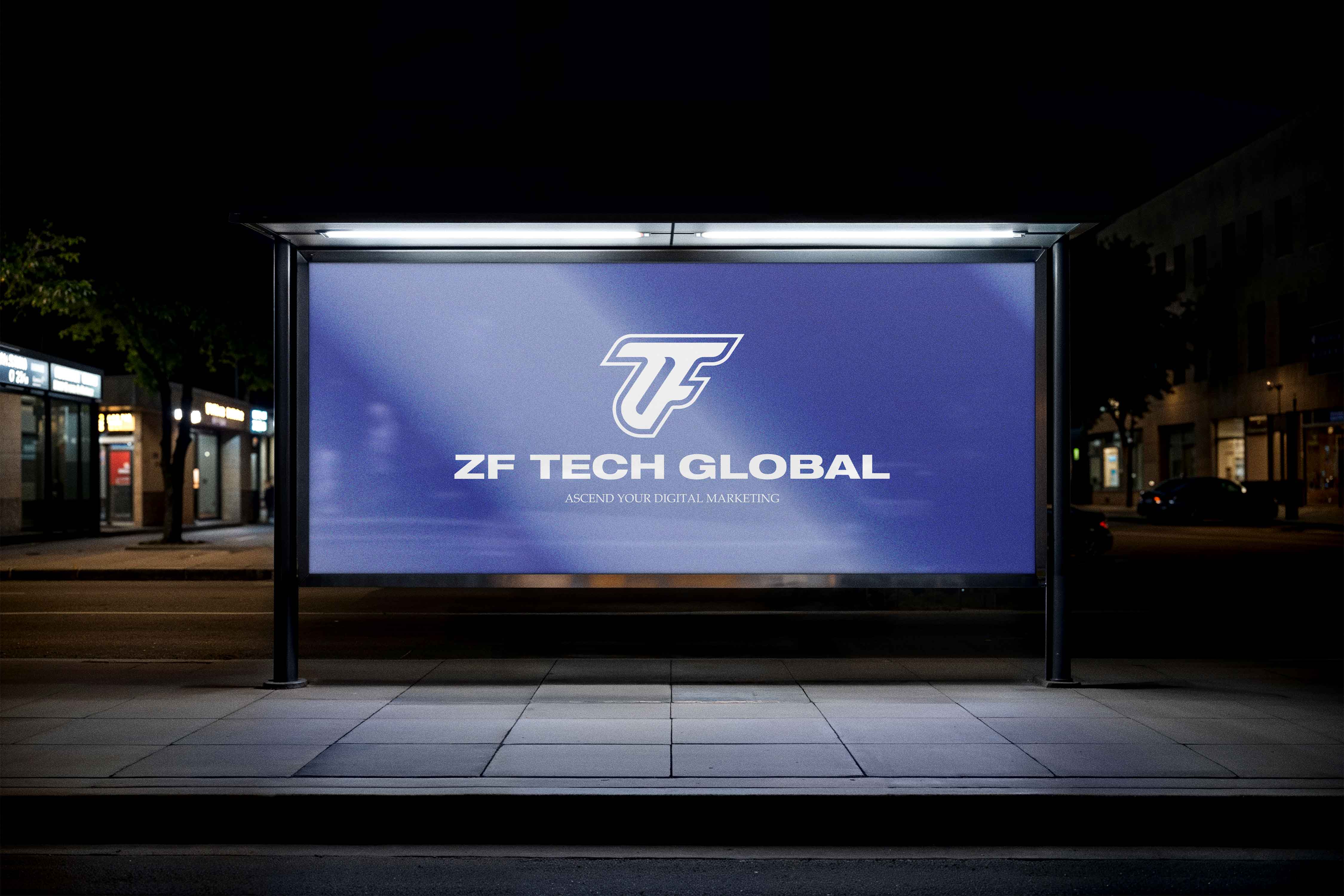 a billboard in the night with ZF Tech Global logo