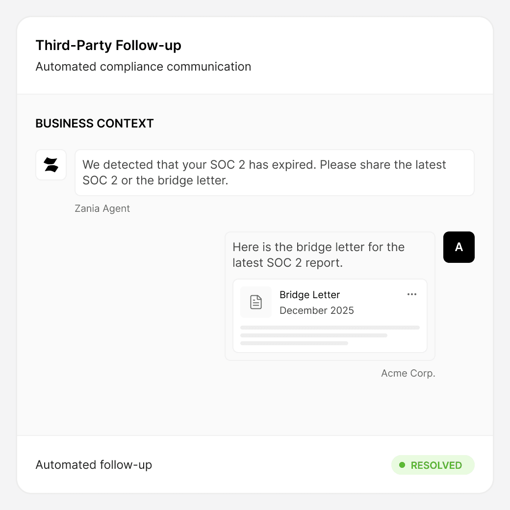 Automated third-party follow-up requesting updated SOC 2 report and bridge letter.