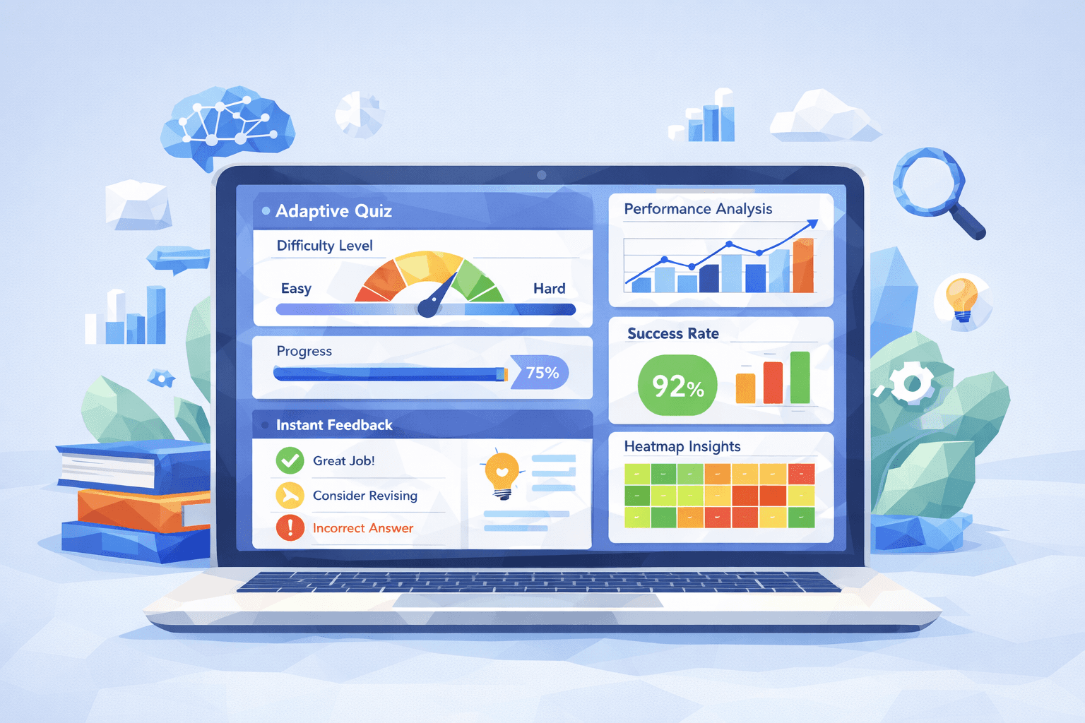 Low-poly illustration of an AI-powered eLearning assessment dashboard on a laptop showing adaptive quiz difficulty, learner progress analytics, instant feedback, and performance insights.