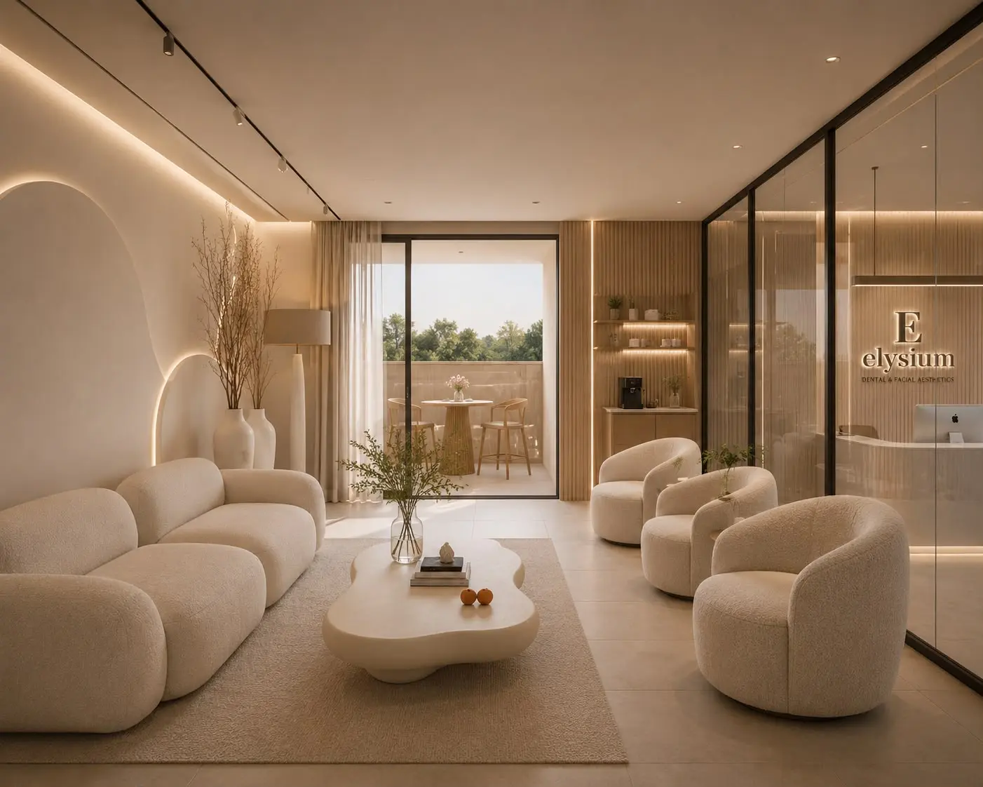 Intérieur du salon d'accueil d'Elysium Clinic, clinique dentaire du Dr Hatim à Tanger.