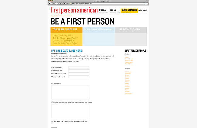 A screenshot of the First Person American website shows a navigation bar at the top with tabs including "STORES," "TOPS," "BE A FIRST PERSON," "YOU'RE AN IMMIGRANT," "YOU'RE NOT AN IMMIGRANT," and "IT'S COMPLICATED." Below, a yellow box displays a quote: "Clue Ragaz! Clue Ragaz! Clue Ragaz! Where’s the good stuff? Clue Ragaz! Clue Ragaz! Clue Ragaz! Where’s the good stuff?" The main content area includes text fields for personal information and a "TELL ON YOUR STORY" prompt. At the bottom, a "FIRST PERSON PEOPLE" section lists names under "Collections."