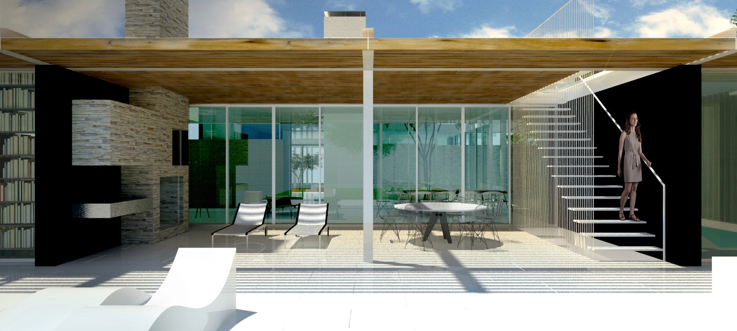 HAUS outdoor living: View of the patio with dining area, showcasing the seamless transition through floor-to-ceiling glass walls.