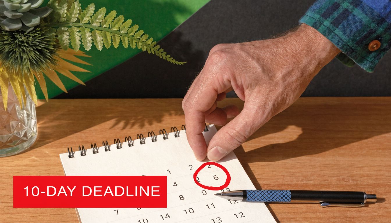 A hand touches a calendar date marked with a red circle representing a legal deadline.