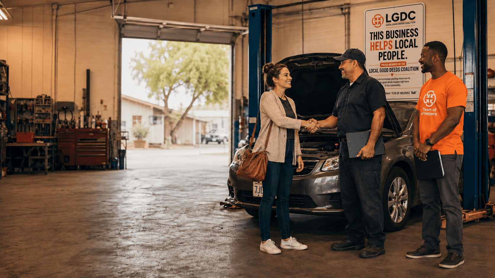 A neighbor receives help at a local auto shop.