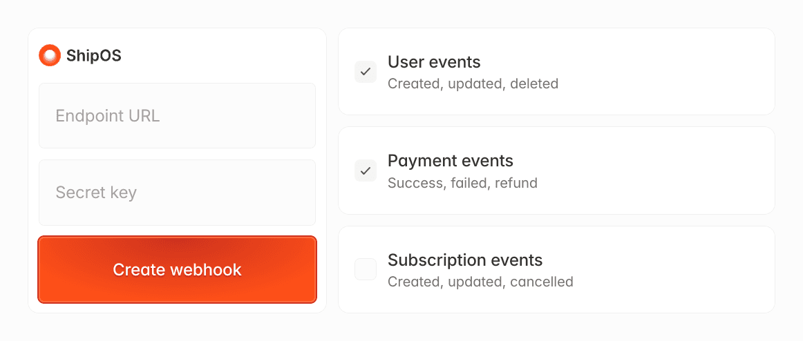 ShipOS interface for creating webhooks, with fields for Endpoint URL, Secret key, and event options.