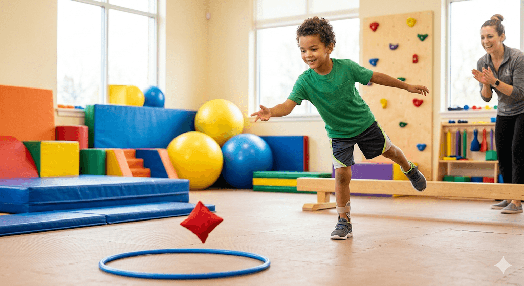 A child successfully balancing on one leg while throwing a beanbag into a hoop, showing improved coordination. The background is a friendly, well-equipped pediatric gym. Energetic, joyful, and focused on functional progress.