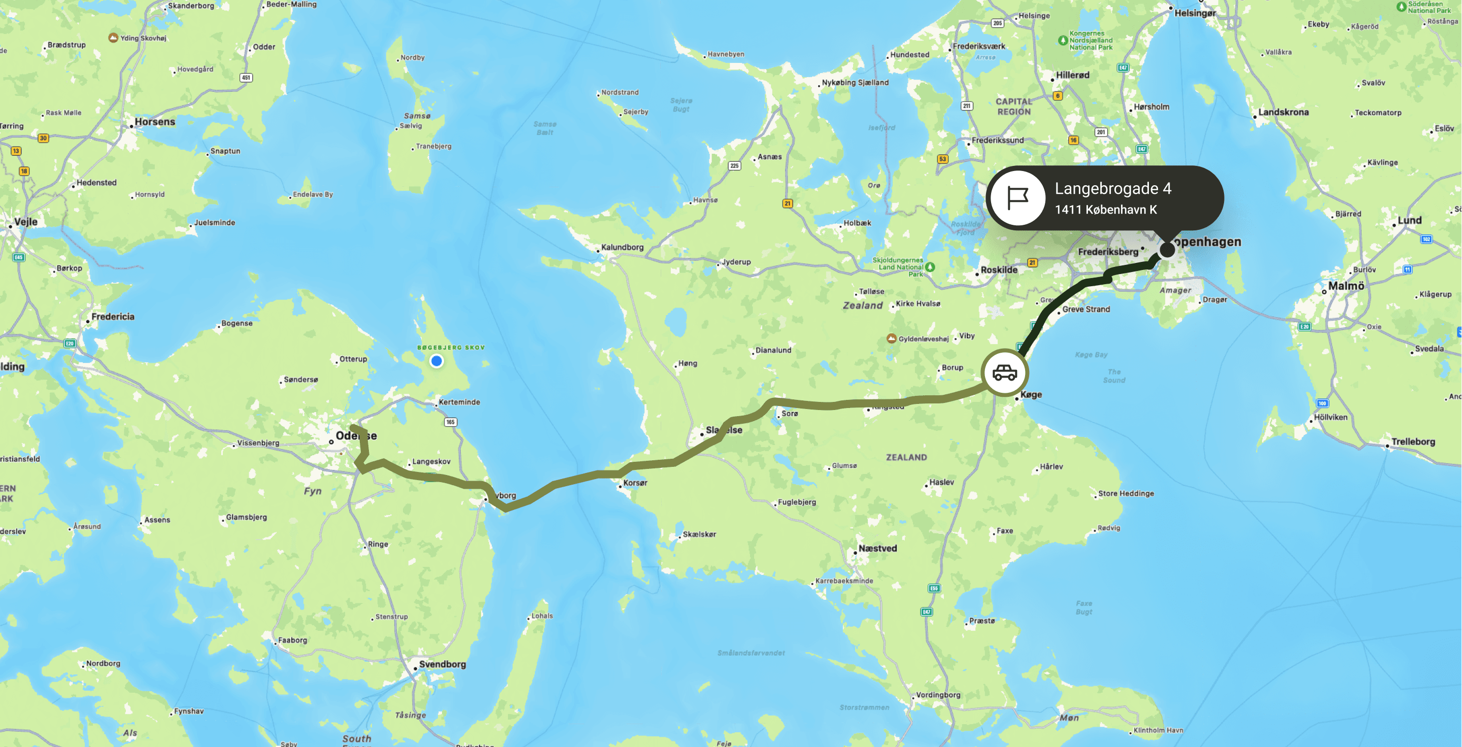Map showing the car route from Billedskærervej 17, Odense, to Langebrogade 4, Copenhagen.