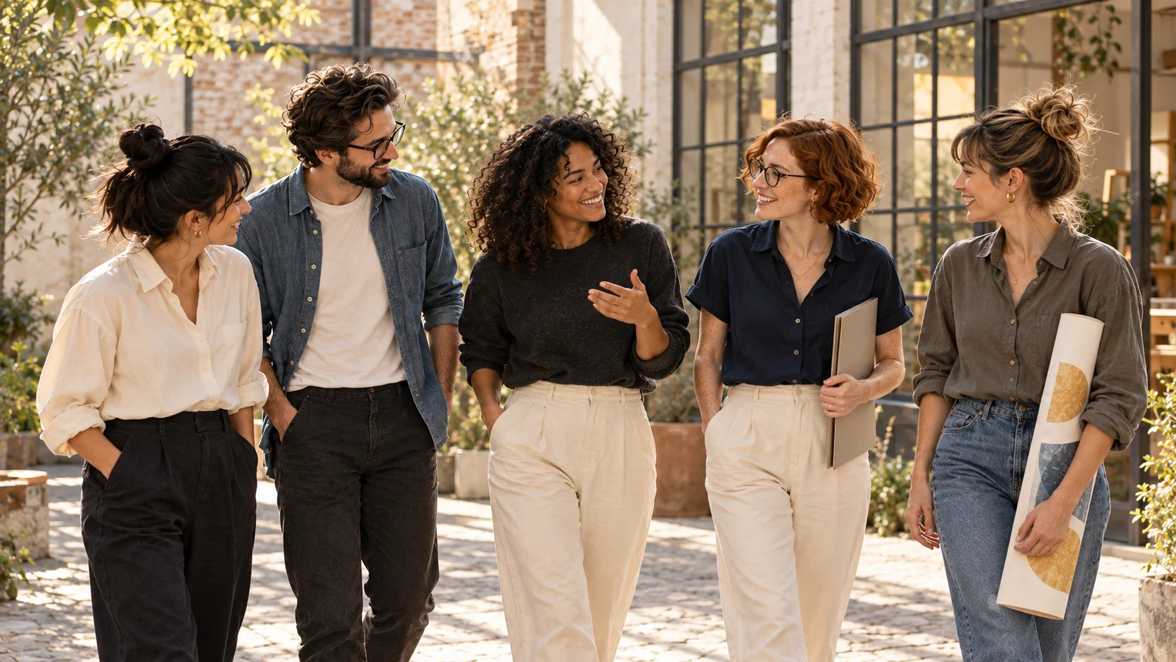 Five creative colleagues walking together through their sunlit studio courtyard