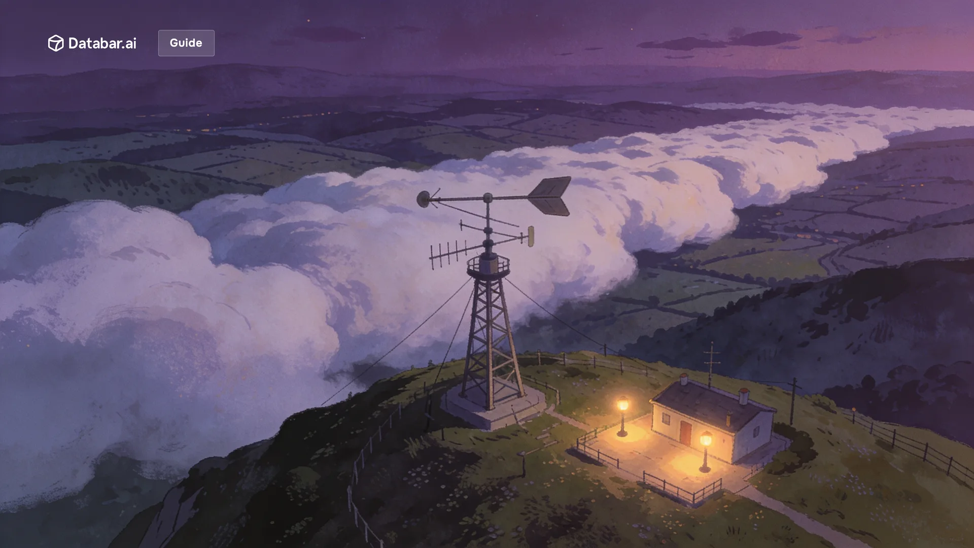 Predictive lead scoring, illustrated as a hilltop weather station at dusk with its instruments turned toward an incoming bank of cloud