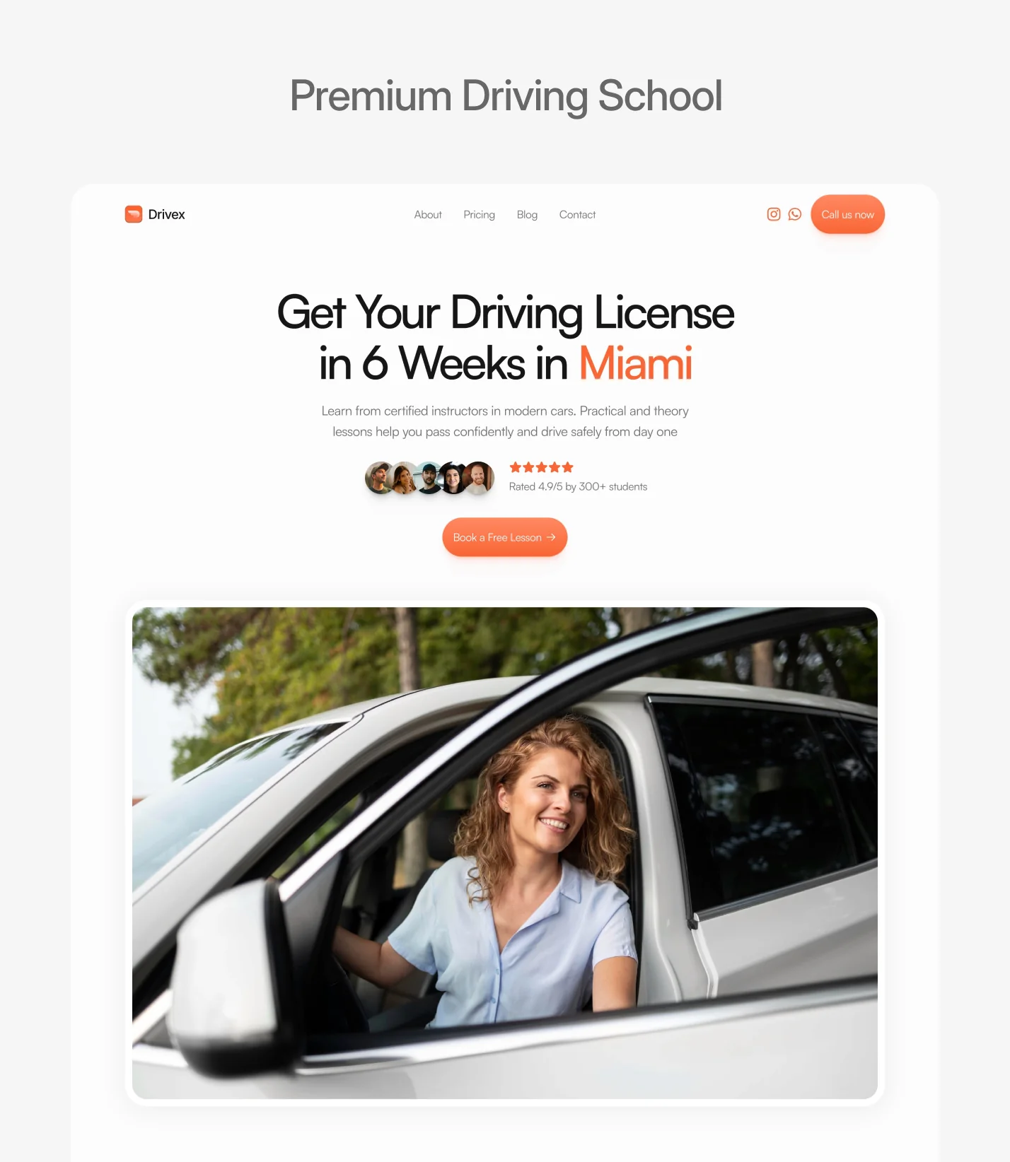 Driving school website template homepage preview optimized for sign ups