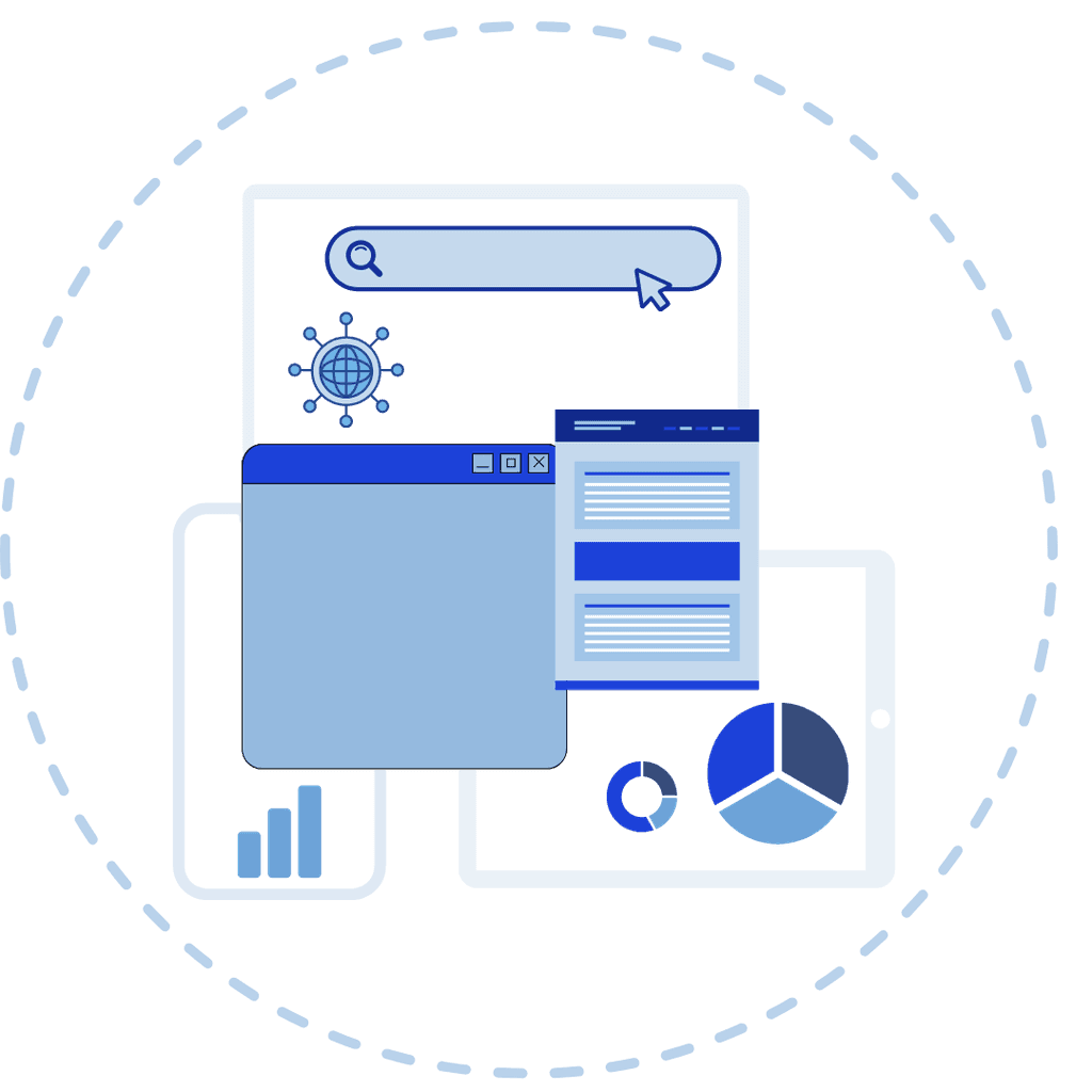 Cartoon graphic of electronic devices and images of tabs and search bars inside a circle